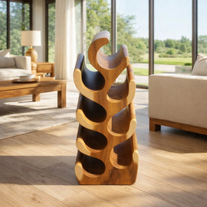 Freistehender Weinflaschen-Halter aus massivem Akazienholz (Suar, ca. 70 cm hoch, Platz für 3–8 Flaschen) im skulpturalen Kaktus-Design, dekoratives Weinregal aus Naturholz für Wohnzimmer, Esszimmer oder Hausbar in der Schweiz