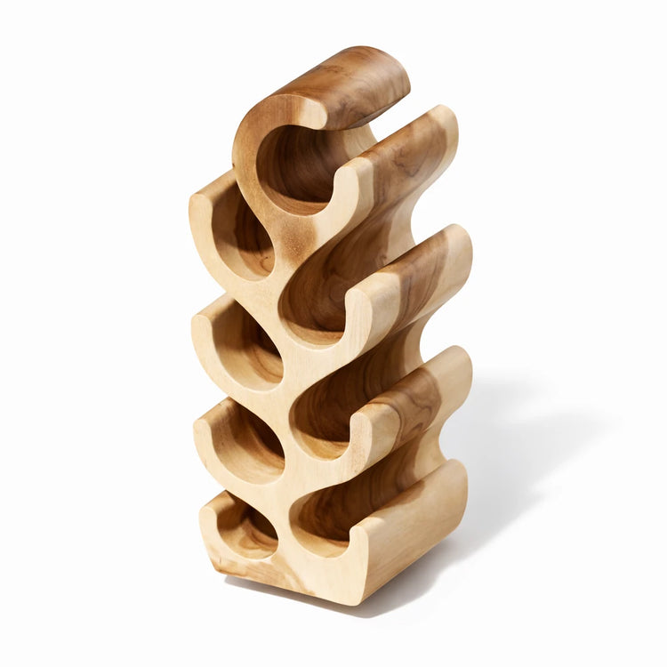 Weinflaschen-Halter aus massivem Akazienholz-Stamm (Suar, ca. 70 cm hoch, Platz für 8 Flaschen) im skulpturalen Kaktus-Design, naturbelassenes Massivholz-Weinregal als freistehender Weinständer für Wohnzimmer, Esszimmer, Hausbar oder Weinecke in der Schweiz