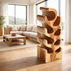 Weinregal aus massivem Akazienholz im skulpturalen Kaktus-Design (70 cm hoch, für 3–8 Flaschen), handgefertigter, naturbelassener Weinflaschenhalter als dekoratives Weinregal Holz für Wohnzimmer, Küche oder Hausbar in der Schweiz