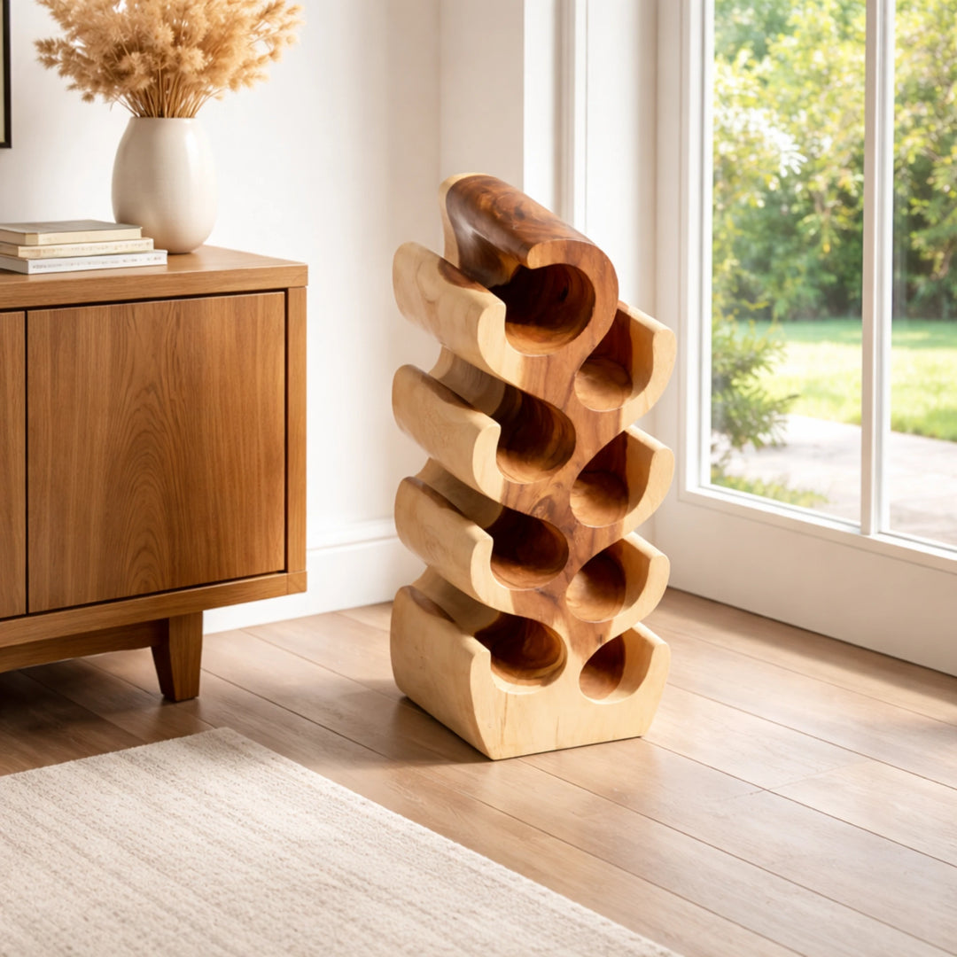 Weinständer aus massivem Akazienholz im Kaktus-Design (70 cm hoch, für 8 Flaschen), naturbelassenes Massivholz-Unikat als Weinregal für Wohnzimmer, Esszimmer oder Hausbar in der Schweiz