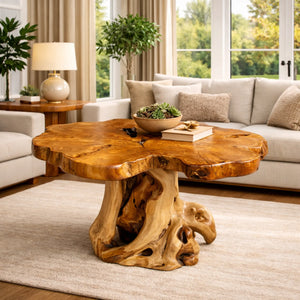 Wetterfester Teakholz-Wurzeltisch mit organischer Blütenform (81 x 62 x 66 cm, 6 cm starke Platte), skulpturaler Massivholz-Couchtisch/Beistelltisch für Balkon, Wohnzimmer oder Lounge in der Schweiz