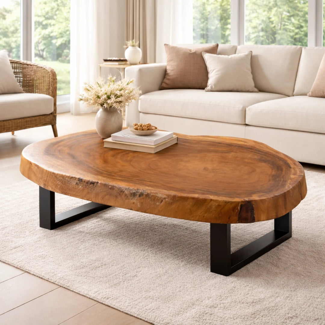XXL-Baumscheiben-Couchtisch aus massiver Akazien-Baumscheibe (104 x 100 x 43 cm, 8 cm starke Platte) mit organischer Naturform und Baumkante, großer Naturholz-Wohnzimmertisch als Massivholz-Unikat für L-Sofa, Ecksofa oder offene Wohnlandschaft in der Schweiz`
