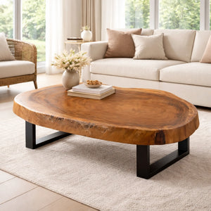XXL-Baumscheiben-Couchtisch aus massiver Akazien-Baumscheibe (104 x 100 x 43 cm, 8 cm starke Platte) mit organischer Naturform und Baumkante, großer Naturholz-Wohnzimmertisch als Massivholz-Unikat für L-Sofa, Ecksofa oder offene Wohnlandschaft in der Schweiz`
