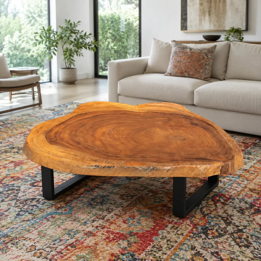 XXL-Baumscheiben-Couchtisch aus massiver Akazien-Baumscheibe (104 x 100 x 43 cm, 8 cm starke Platte) mit organischer Naturform und Baumkante, großer Naturholz-Wohnzimmertisch als Massivholz-Unikat für L-Sofa, Ecksofa oder offene Wohnlandschaft in der Schweiz
