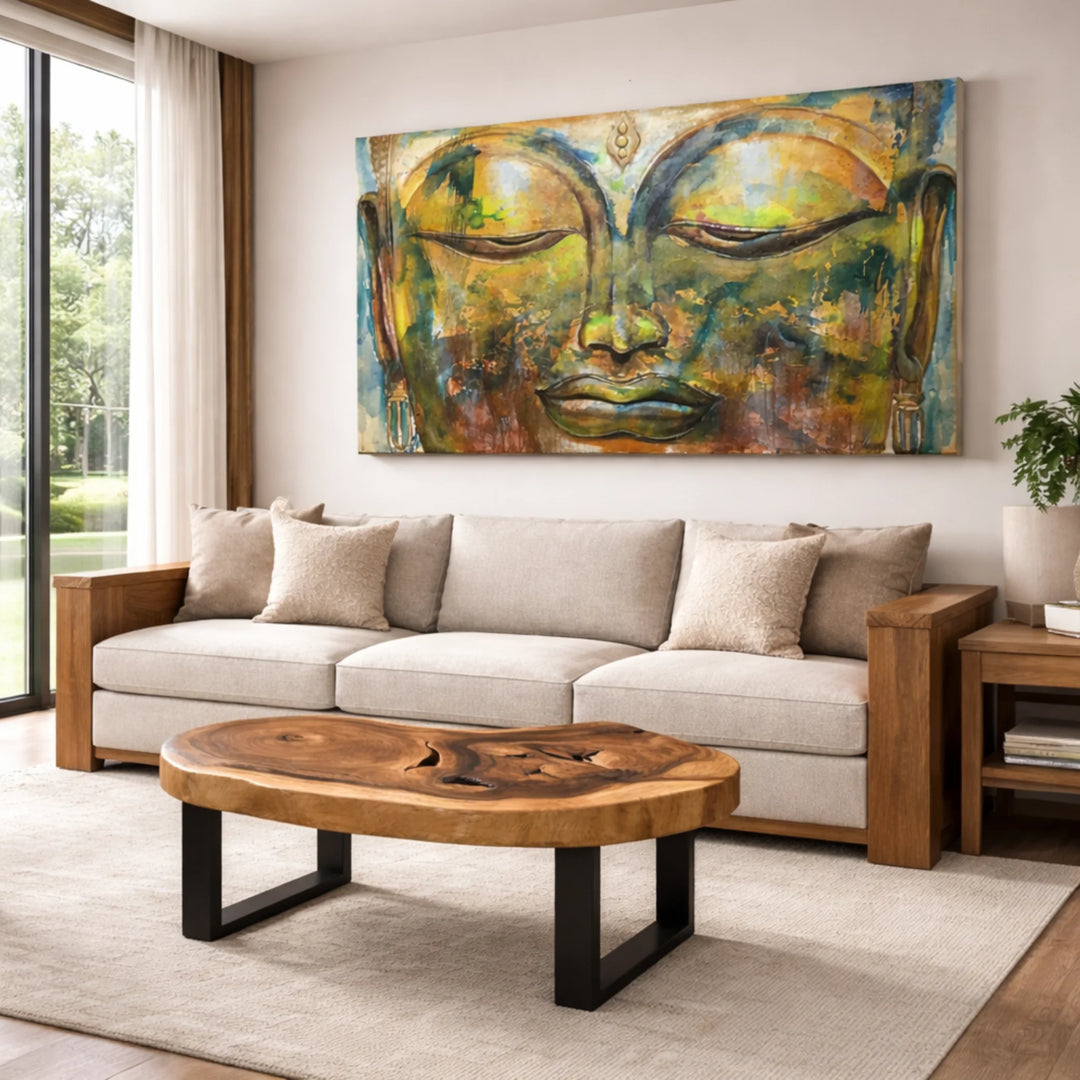XXL Buddha Gemälde 200 x 110 cm, handgemaltes Leinwandbild in warmen Braun- und Naturtönen auf Echtholzrahmen als ruhiger Wandblickfang für Wohnzimmer, Hotel-Lobby oder Spa in der Schweiz
