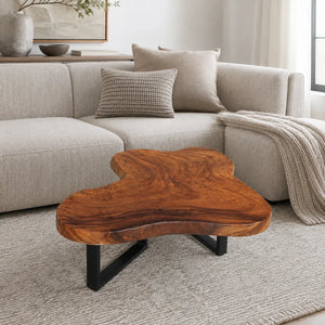 Baumstamm-Couchtisch aus massiver Suarholz-Baumscheibe(100 x 90 x 43 cm, ca. 8 cm starke Platte) mit unregelmäßiger Naturform, lebendiger Maserung und echter Baumkante, pflegeleichtes Massivholz-Unikat für Wohnzimmer, Wintergarten oder Büro-Empfang in der Schweiz