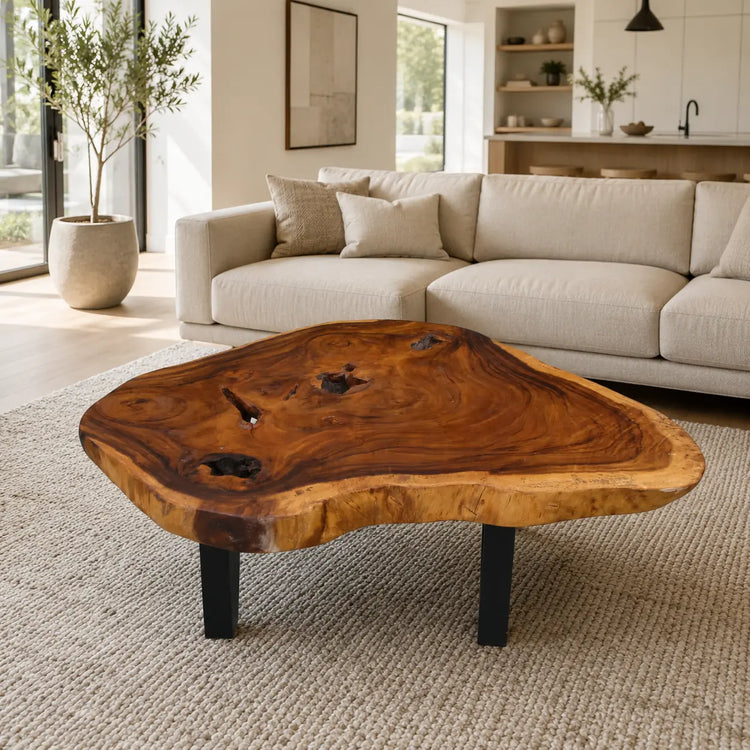 Baumstammtisch aus massiver Akazien-Baumscheibe (120 x 87 x 43 cm, 8 cm starke Platte) mit Naturkante, großer Naturholz-Salontisch als Couchtisch für Sofalandschaften, Loft-Wohnzimmer oder Wintergarten in der Schweiz