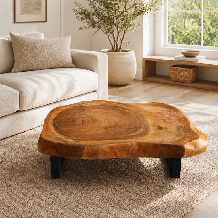 Salontisch aus heller Akazien-Baumscheibe (ca. 105 x 92 cm, 8 cm starke Platte) mit organischer Naturform, handgefertigtes Massivholz-Unikat für skandinavische Wohnzimmer, Lounge, Wintergarten oder Chalet in der Schweiz
