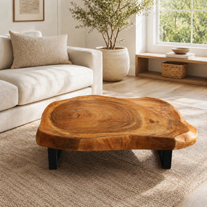 Salontisch aus heller Akazien-Baumscheibe (ca. 105 x 92 cm, 8 cm starke Platte) mit organischer Naturform, handgefertigtes Massivholz-Unikat für skandinavische Wohnzimmer, Lounge, Wintergarten oder Chalet in der Schweiz
