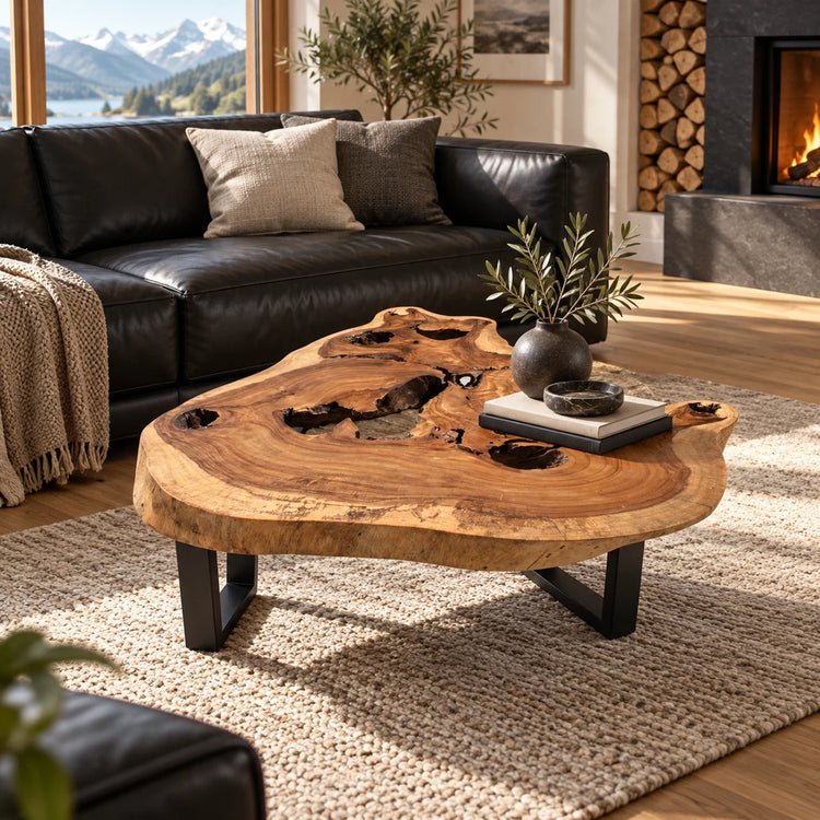 Holzstamm-Salontisch aus massiver Akazien-Baumscheibe (107 × 100 × 43 cm, 8 cm starke Platte) mit organischer Naturform und sichtbaren Jahresringen, kombiniert mit schwarzem Ledersofa und warmem Massivholzboden – ein markantes Massivholz-Unikat für moderne Wohnzimmer in der Schweiz.