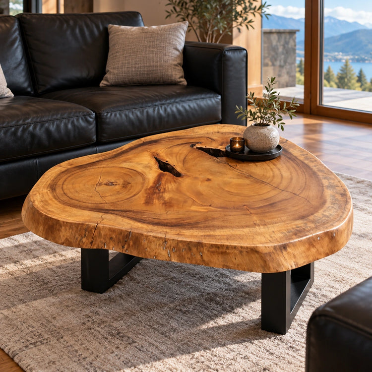 Holzstamm-Couchtisch aus massiver Suar-Baumscheibe (90 × 68 × 43 cm, 8 cm starke Platte) mit organischer Naturform, markanter Baumkante und sichtbarer Maserung, kombiniert mit schwarzem Ledersofa und warmem Massivholzboden – ein kompaktes Naturholz-Unikat für moderne, stilvolle Wohnzimmer in der Schweiz.