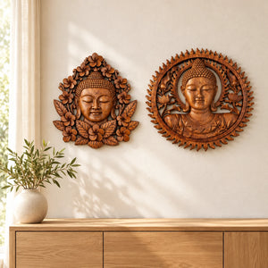 Buddha-Wanddeko-Set aus Holz – zwei handgeschnitzte Reliefs