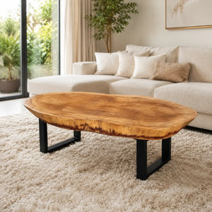 Großer Massivholz-Couchtisch aus Akazie-Baumscheibe (130 x 65 x 43 cm, ca. 8 cm starke Platte) mit zwei Baumkernen, breiter Baumstamm-Salontisch für Ecksofa, Familien-Sitzgruppe oder Loft-Wohnzimmer in der Schweiz
