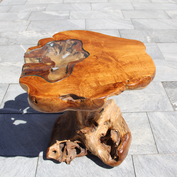 design Salontisch Holz, moderne Couchtisch Baumscheibe, Holz mit Glas