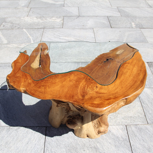 design Salontisch Holz, moderne Couchtisch rechteckig, Holz mit Glas 90cm