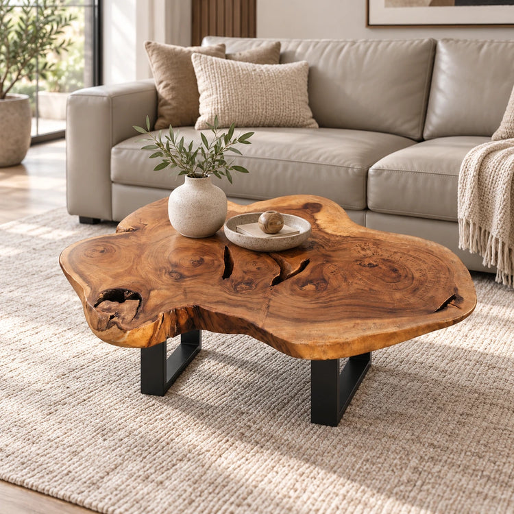Baumtisch aus massiver Akazie-Baumscheibe (ca. 99 x 77 x 43 cm, 8 cm starke Platte) mit frei gewachsener, blütenartiger Kontur und Baumkante, Naturholz-Couchtisch als Massivholz-Unikat für Wohnzimmer oder Chalet in der Schweiz
