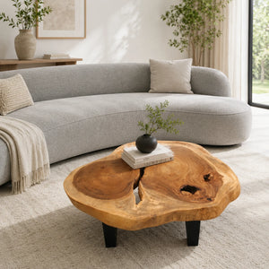 Baumscheiben-Couchtisch mit Naturriss aus massiver Akazie (98 x 80 x 43 cm, ca. 8 cm starke Platte) mit Doppelherz-Maserung, „Schlucht“ und Baumkante auf Metallbasis, Naturholz-Unikat für Wohnzimmer, Loft, Chalet oder Wintergarten in der Schweiz