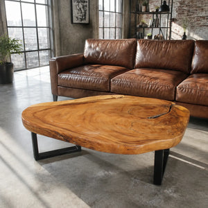 Holzstamm-Couchtisch aus massiver Akazien-Baumscheibe (126 x 86 x 43 cm, ca. 8 cm starke Platte) mit weißer Baumkante, unregelmäßiger Naturform und sichtbaren Jahresringen, großer Baumstamm-Salontisch für Sofalandschaft, Lounge oder Chalet-Wohnzimmer in der Schweiz
