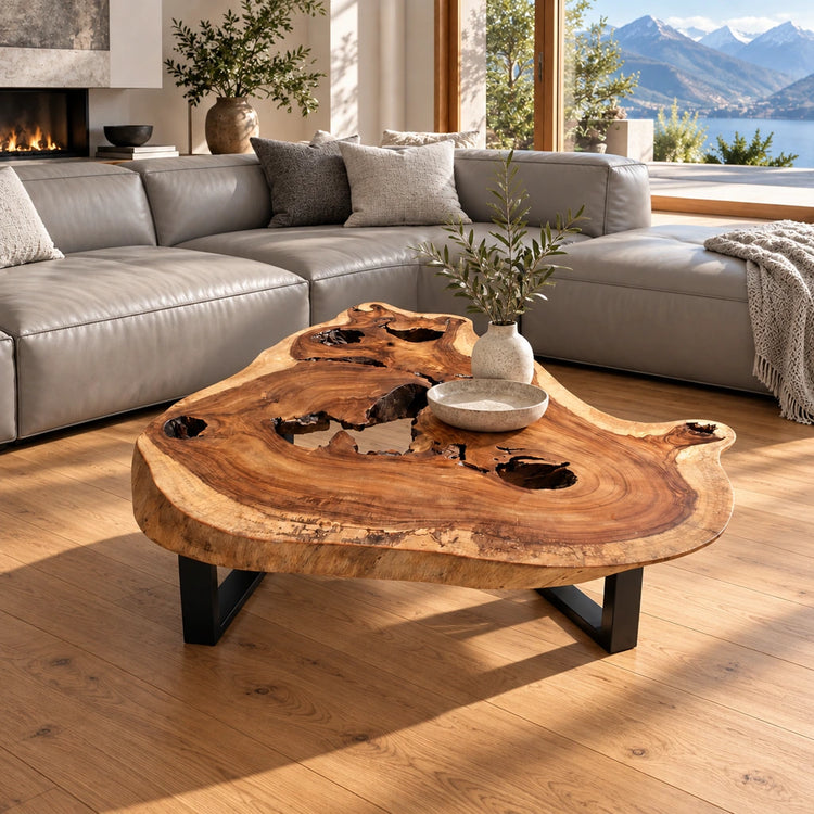 Holzstamm-Salontisch aus massiver Akazien-Baumscheibe (107 × 100 × 43 cm, 8 cm starke Platte) mit markanter Naturkante und ausdrucksstarker Maserung, kombiniert mit hellem Ledersofa und warmem Massivholzboden – ein natürliches Massivholz-Unikat für stilvolle, moderne Wohnzimmer in der Schweiz.