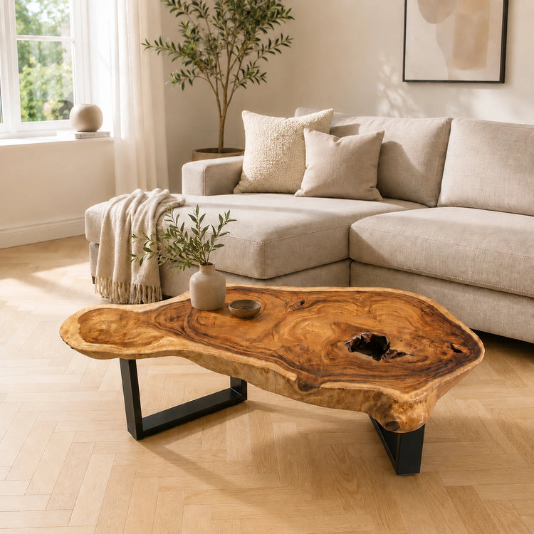 Freiform-Couchtisch aus massiver Akazien-Baumscheibe (120 x 60 x 43 cm, ca. 8 cm starke Platte) mit organischer Naturform, heller Baumkante und sichtbaren Jahresringen, Design-Unikat für stilvolle Wohnzimmer, Lounge oder Leseecke in der Schweiz
