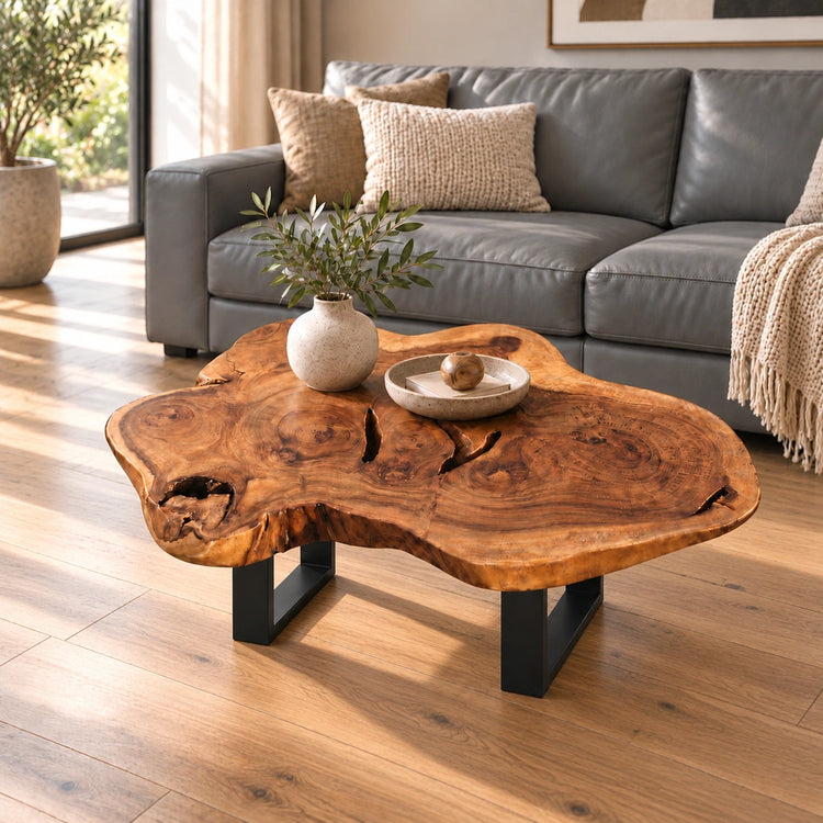 Baumtisch aus massiver Akazie-Baumscheibe (ca. 99 x 77 x 43 cm, 8 cm starke Platte) mit frei gewachsener, blütenartiger Kontur und Baumkante, Naturholz-Couchtisch als Massivholz-Unikat für Wohnzimmer oder Chalet in der Schweiz
