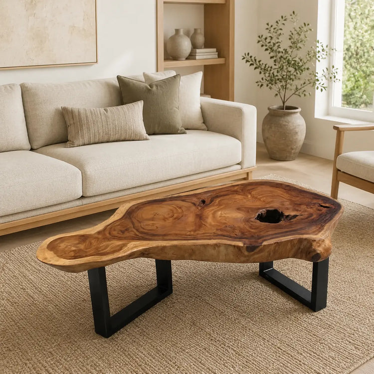 Freiform-Couchtisch aus massiver Akazien-Baumscheibe (120 x 60 x 43 cm, ca. 8 cm starke Platte) mit organischer Naturform, heller Baumkante und sichtbaren Jahresringen, Design-Unikat für stilvolle Wohnzimmer, Lounge oder Leseecke in der Schweiz