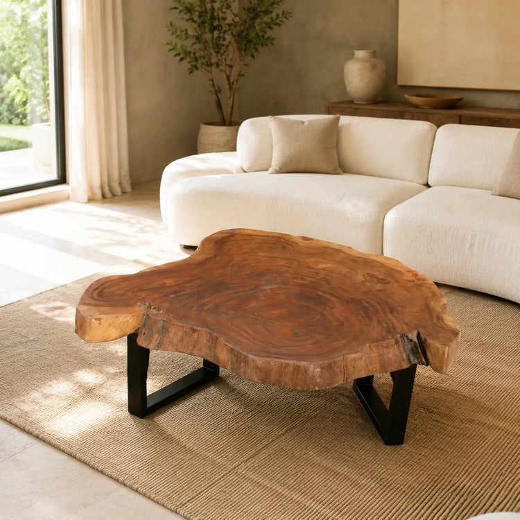 Baumscheiben-Couchtisch aus Akazie in Naturform (118 × 108 × 43 cm, 9 cm starke Platte) mit echter Baumkante und Metallgestell, massives Naturholz-Unikat für Wohnzimmer, Lounge oder Wintergarten in stilvollen Schweizer Wohnräumen