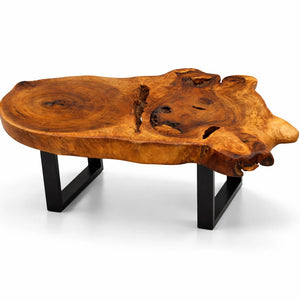 Ovaler Baumscheiben-Couchtisch aus massiver Akazien-Baumscheibe (120 x 73 x 43 cm, 8 cm starke Platte) mit Naturkante, rustikal-asiatisches Massivholz-Unikat als Wohnzimmertisch für Sofalandschaft, Lounge oder Chalet in der Schweiz