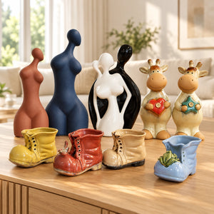 Porzellan- & Keramik-Deko-Set – Figuren, Kühe & bunte Schuhe