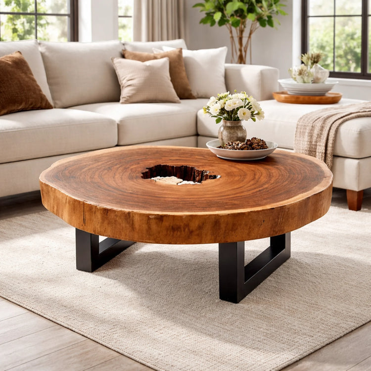 Runder Baumscheiben-Couchtisch aus massiver Akazien-Baumscheibe (88 x 77 x 43 cm, 8 cm starke Platte) mit Baumkante, sichtbaren Jahresringen und Herzloch, kompaktes Naturholz-Unikat für Wohnzimmer, Loft oder L-Sofa in der Schweiz
