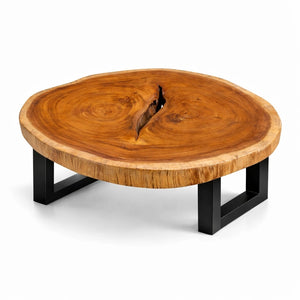 Runder asiatischer Couchtisch aus massiver Akazien-Baumscheibe (93 x 75 x 43 cm, 8 cm starke Platte) mit Naturkante und Naturherz, langlebiges Naturholz-Unikat für Wohnzimmer, Loft oder Wintergarten in der Schweiz