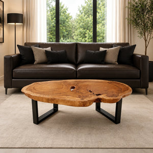 Großer Salontisch aus massiver Akazien-Baumscheibe (Suarholz, 120 × 62 × 43 cm, 8 cm starke Platte) mit natürlicher Live Edge, Baumstamm-Wohnzimmertisch als großer Kaffeetisch oder Couchtisch Holz XXL für offene Wohnräume, Lounge oder Wintergarten in der Schweiz