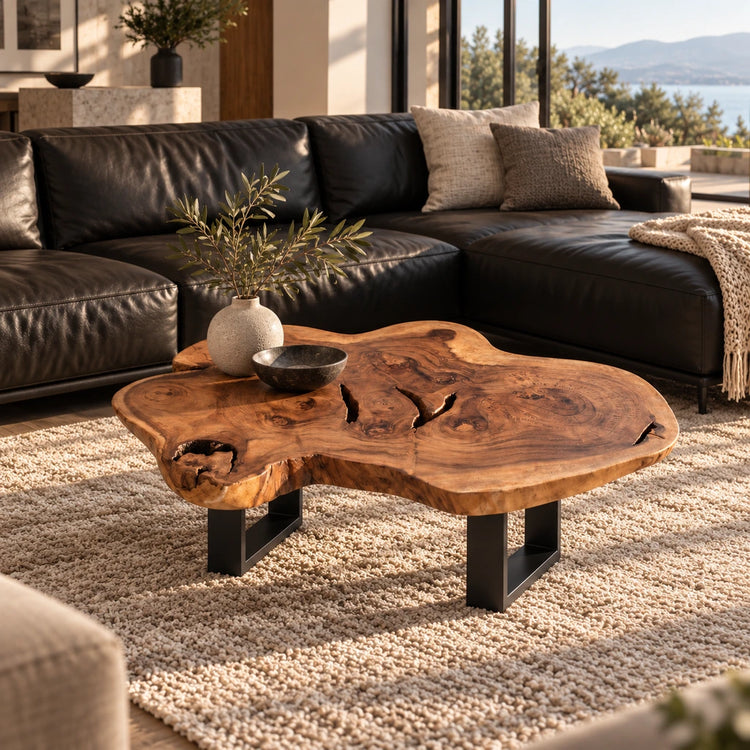 Baumtisch aus massiver Akazie-Baumscheibe (ca. 99 x 77 x 43 cm, 8 cm starke Platte) mit frei gewachsener, blütenartiger Kontur und Baumkante, Naturholz-Couchtisch als Massivholz-Unikat für Wohnzimmer oder Chalet in der Schweiz
