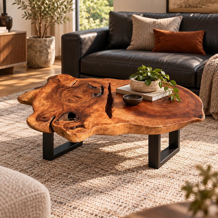 Ovaler Baumscheiben-Couchtisch aus massiver Akazien-Baumscheibe (120 x 73 x 43 cm, 8 cm starke Platte) mit Naturkante, rustikal-asiatisches Massivholz-Unikat als Wohnzimmertisch für Sofalandschaft, Lounge oder Chalet in der Schweiz