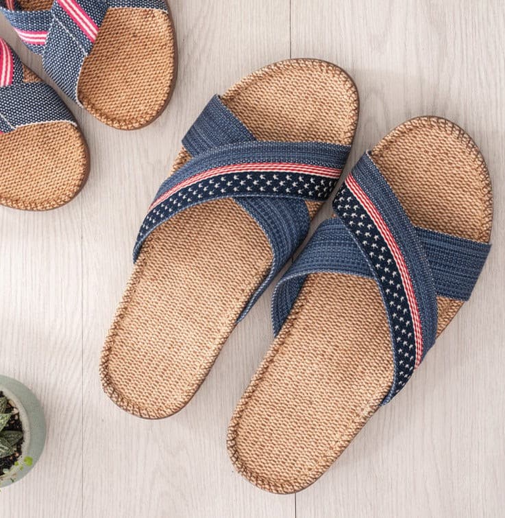 Leinen Hausschuhe im asiatischen Stil – leichte, atmungsaktive Leinenschlappen für Damen und Herren, naturbelassen ohne Kunststoff, ideal für Parkett und Bodenheizung in Schweizer Wohnungen